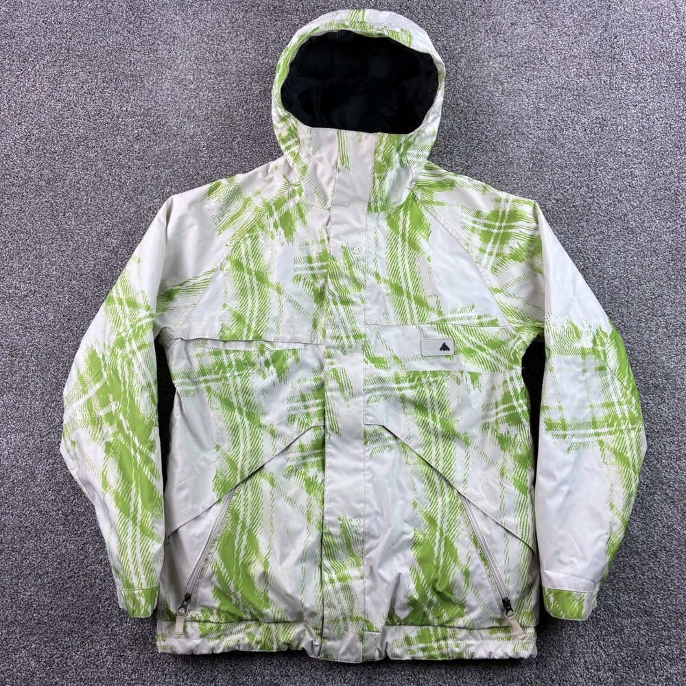 Burton Poacher Jacket Mens Medium White Green Dryride Snowboard Ski Hooded Coat